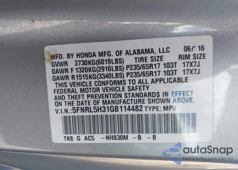2016 Honda Odyssey Se z USA, uszkodzony, nr VIN 5FNRL5H31GB114482